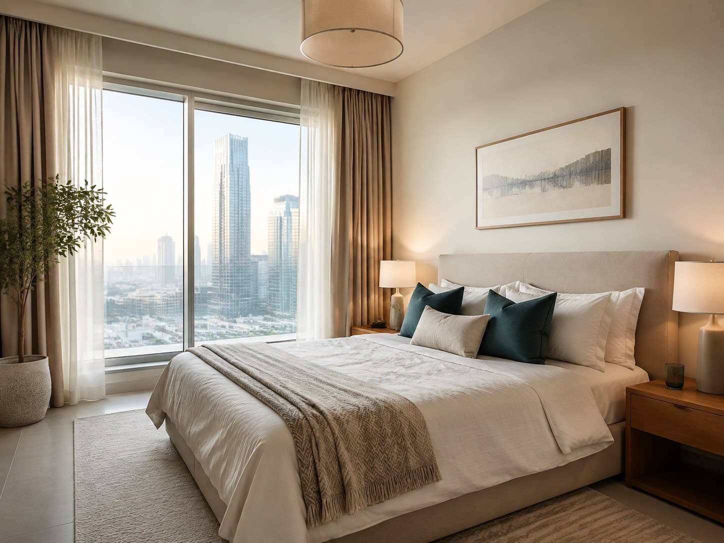 Calm, hotel-style bedroom prepared for guests in a Dubai holiday home