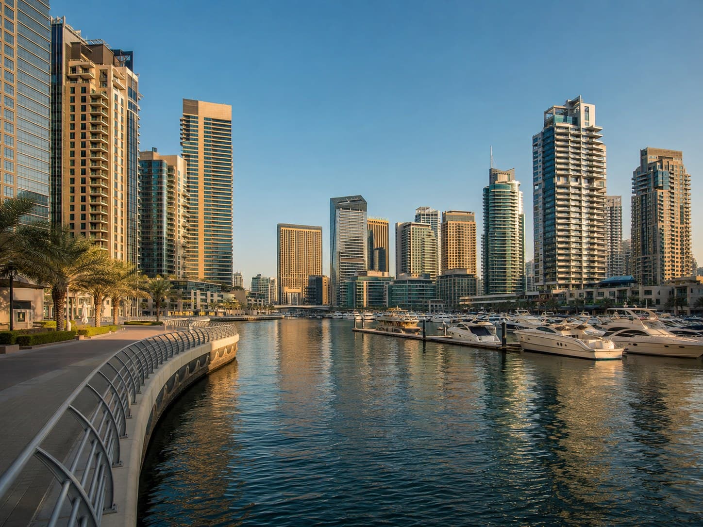 Residential towers along the water in Dubai Marina