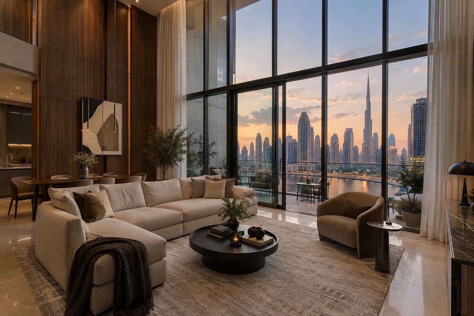AI-generated illustration: Double-height penthouse living room with a terrace and canal and Burj Khalifa views