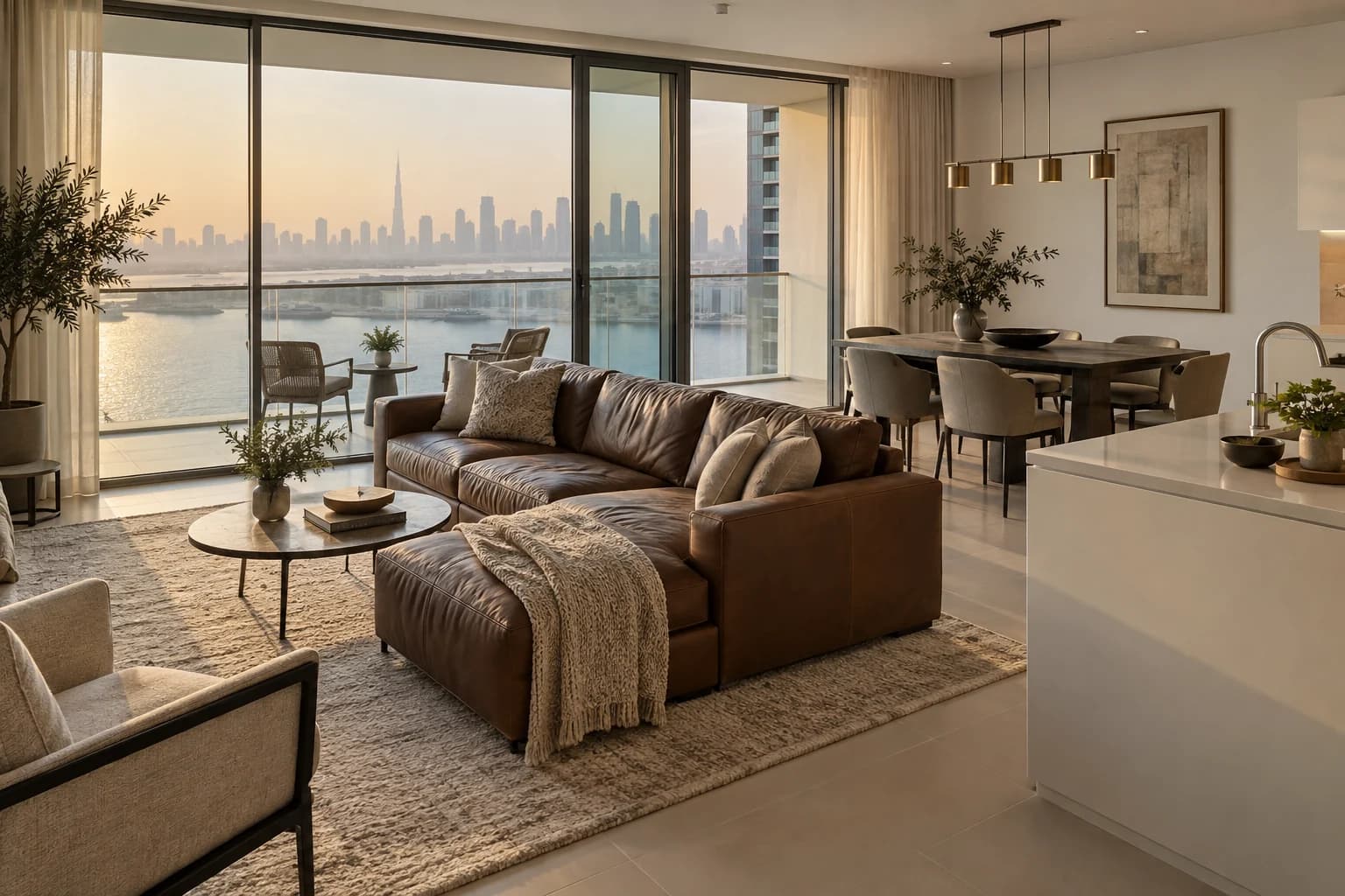AI-generated illustration: Creek-facing open living and dining area with a leather sofa and distant skyline