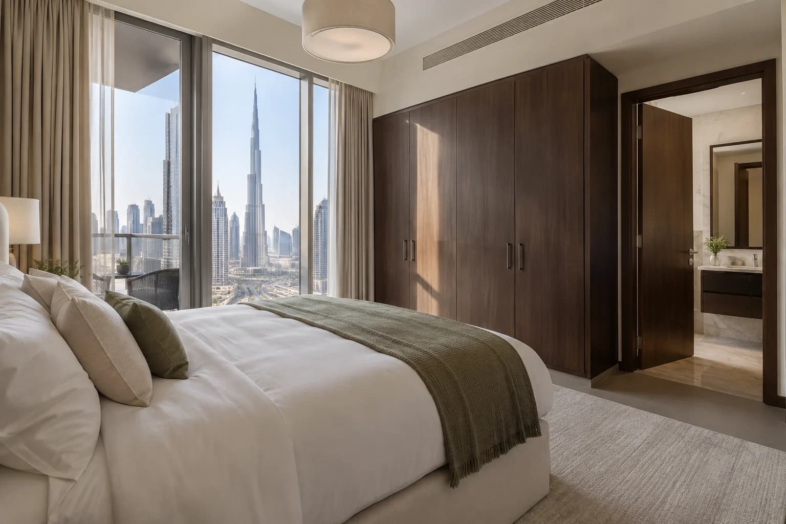 AI-generated illustration: Main bedroom with walnut wardrobes, en-suite bathroom and Burj Khalifa view