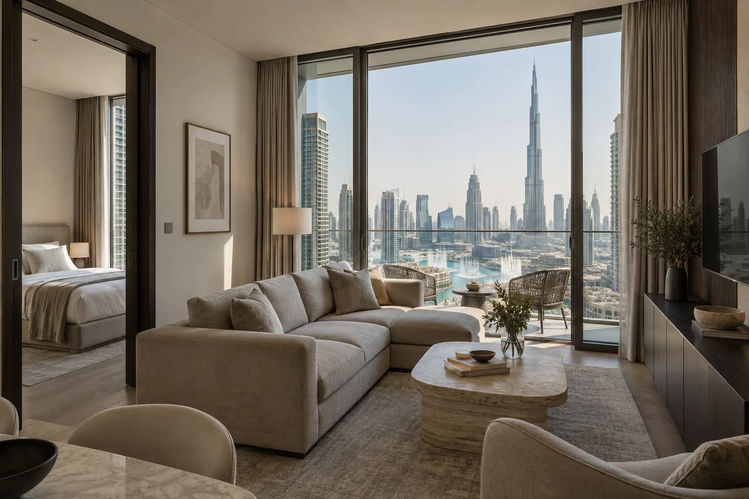 AI-generated illustration: Contemporary one-bedroom suite with a balcony facing the Burj Khalifa and Fountain