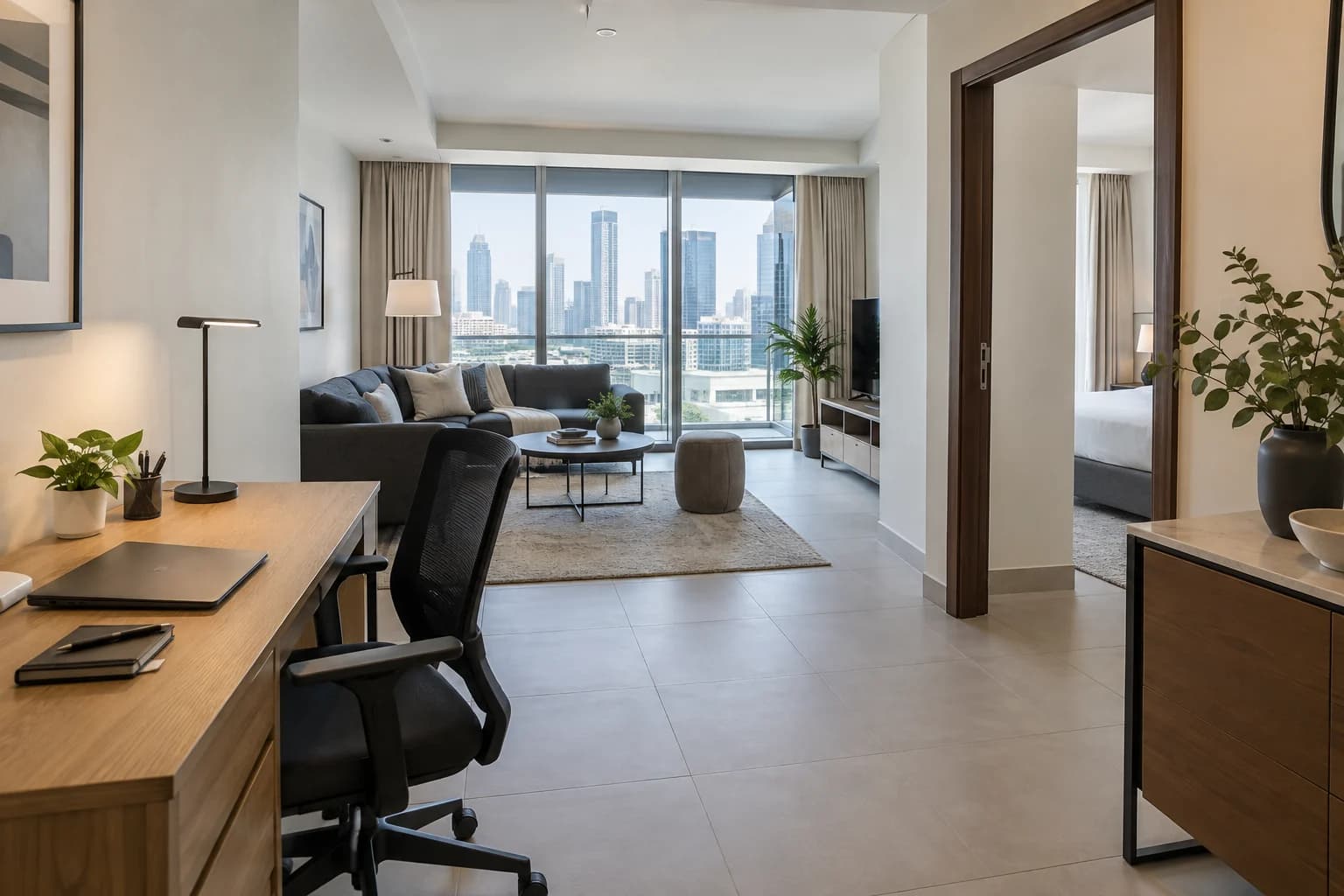 AI-generated illustration: Executive apartment with an ergonomic workspace and separate king bedroom