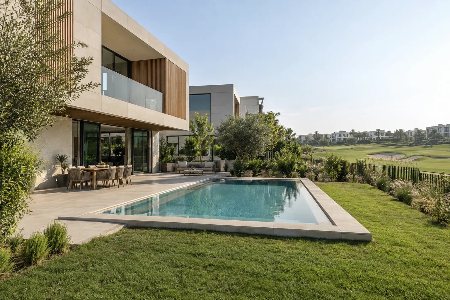AI-generated illustration: Contemporary Dubai Hills villa with a private pool and garden beside the golf course