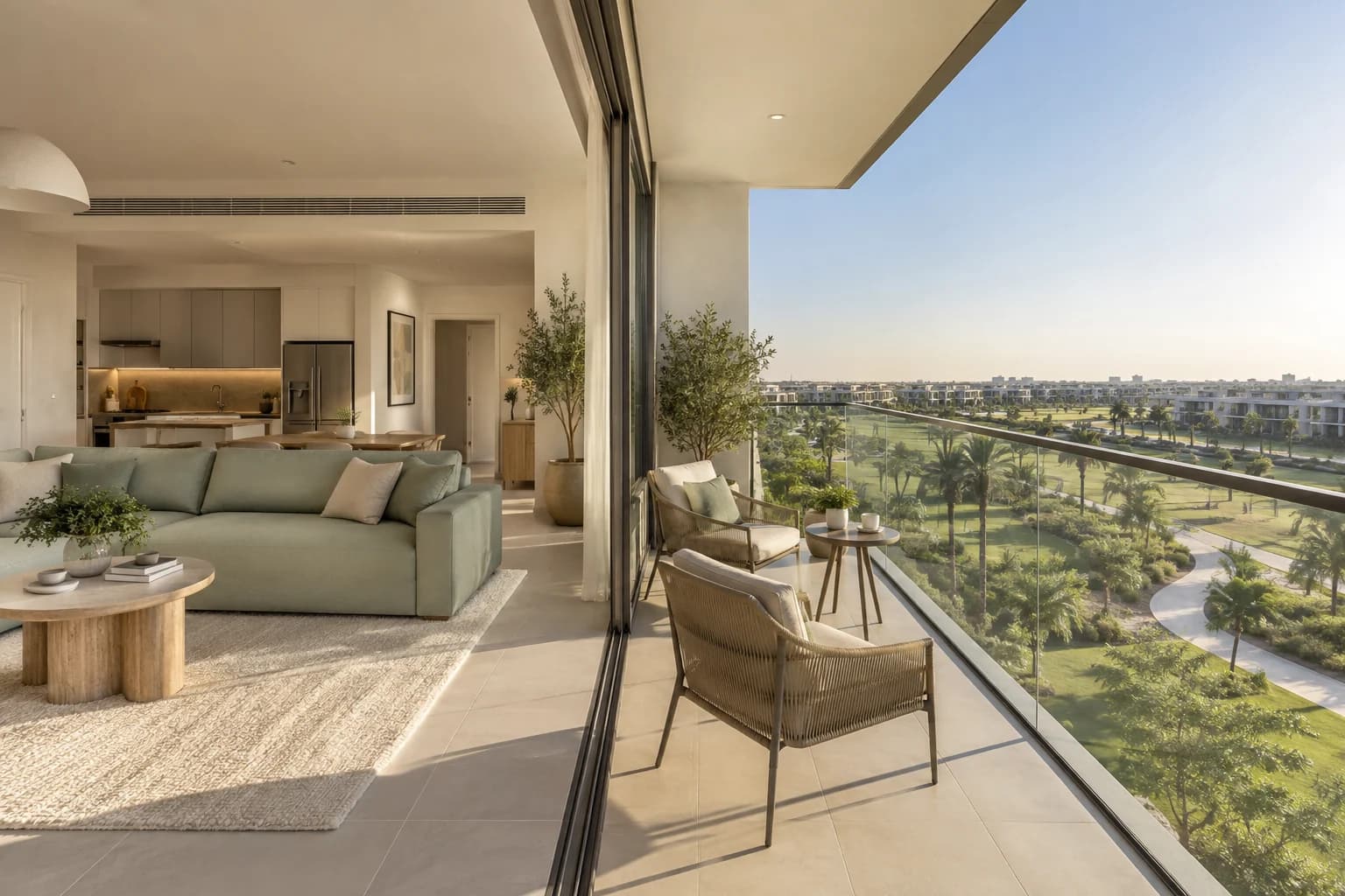AI-generated illustration: Apartment balcony and living room overlooking green parkland and the golf course