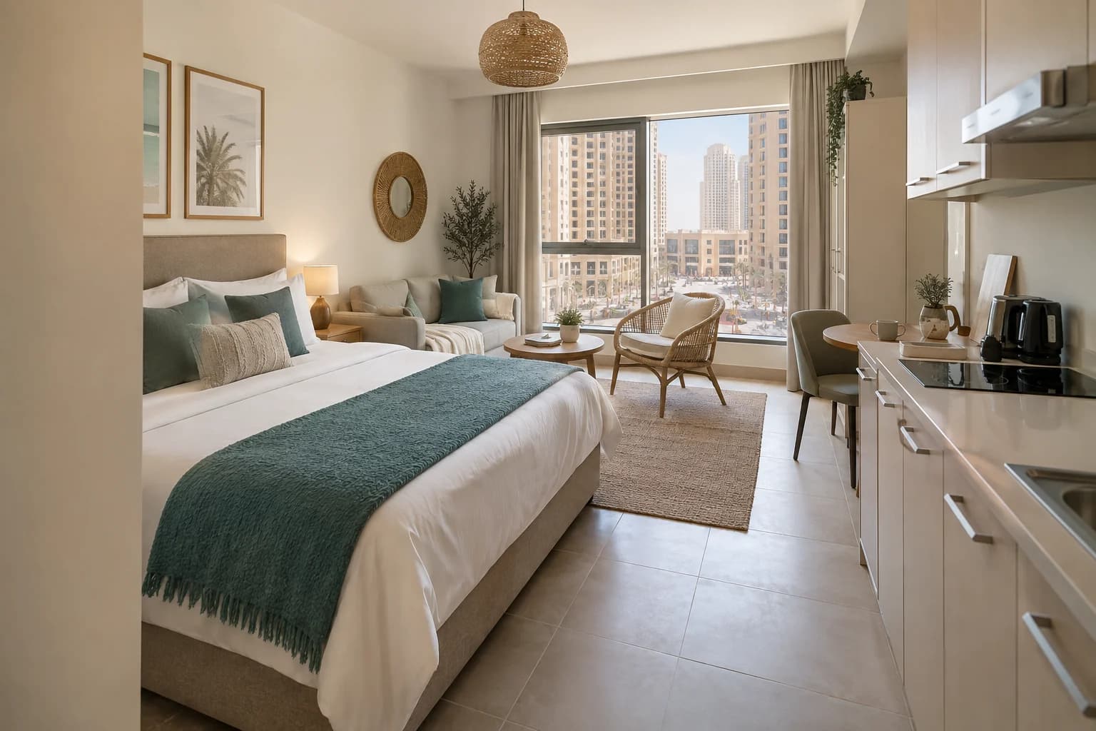 AI-generated illustration: JBR studio with a queen bed, kitchenette and seating area facing neighboring towers