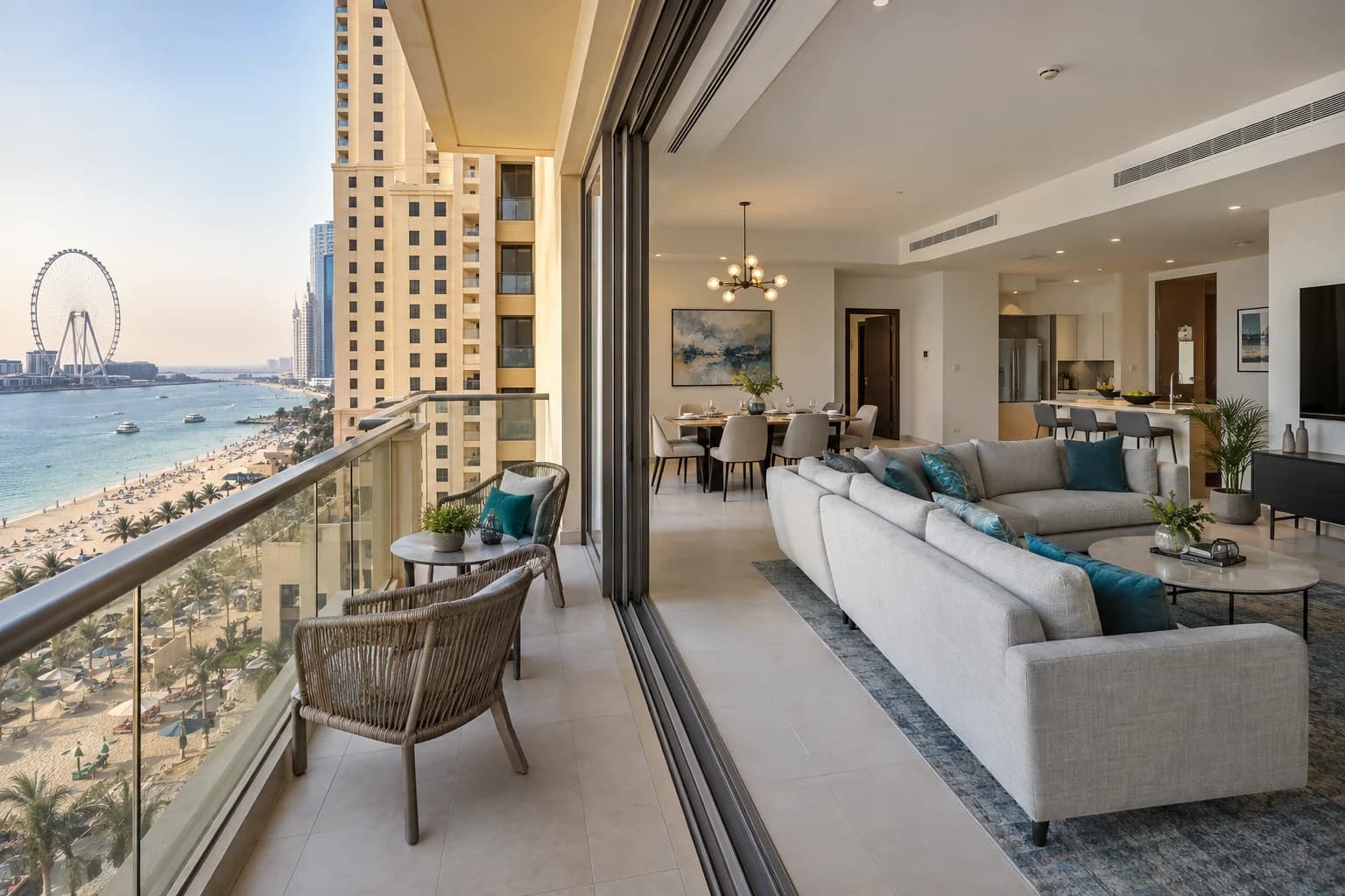 AI-generated illustration: Wide beachfront balcony beside an open living and dining room in JBR