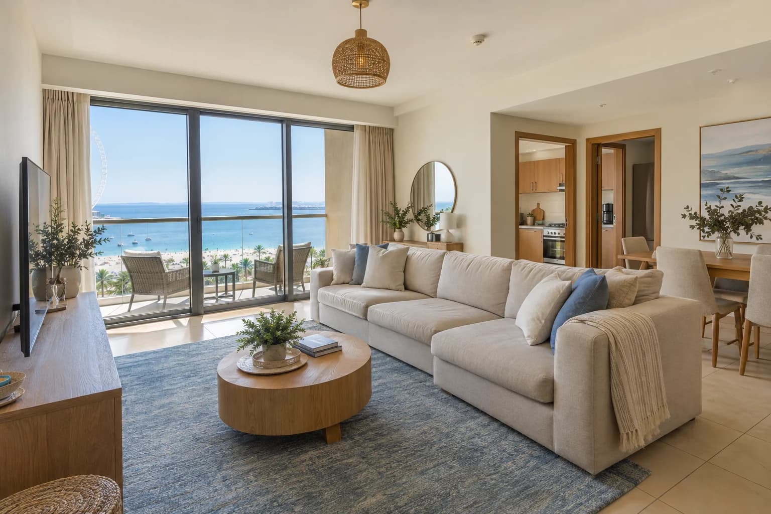 AI-generated illustration: Family living room with a sea-facing balcony and a separate equipped kitchen