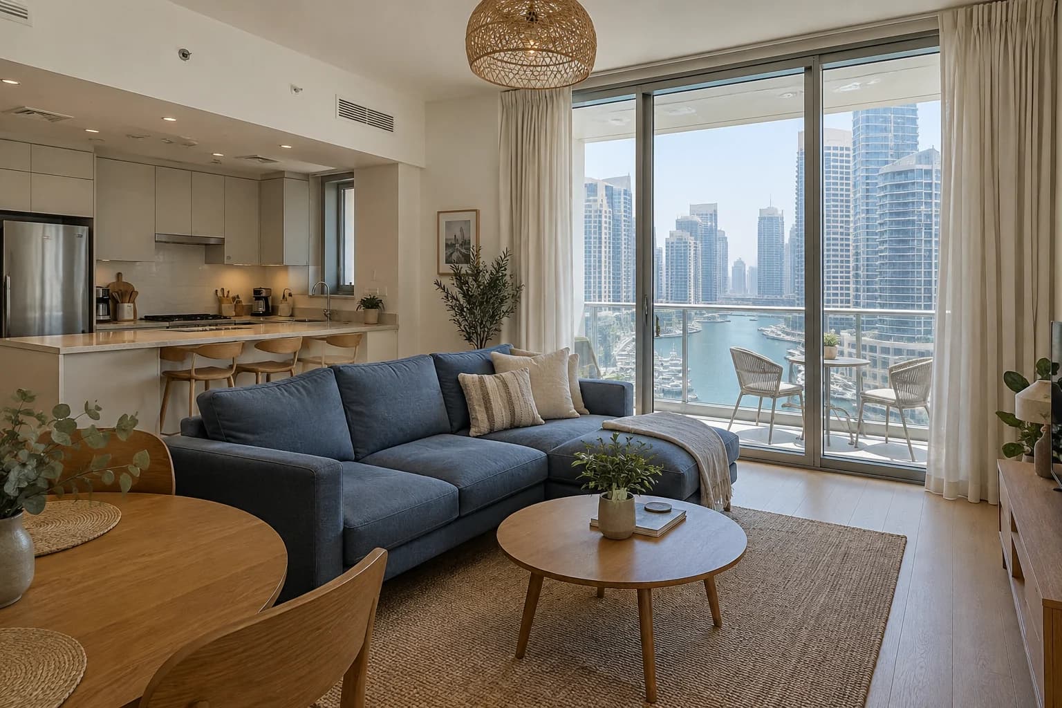 AI-generated illustration: Blue-sofa living room with open kitchen and marina-view balcony