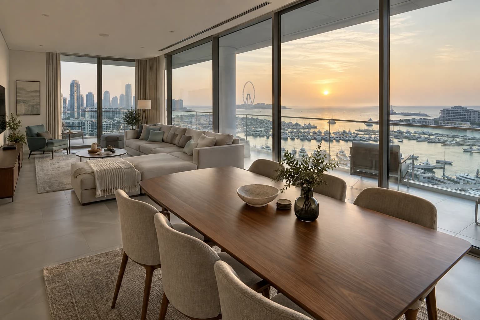AI-generated illustration: Open living and dining room with a wraparound balcony overlooking the marina and sea