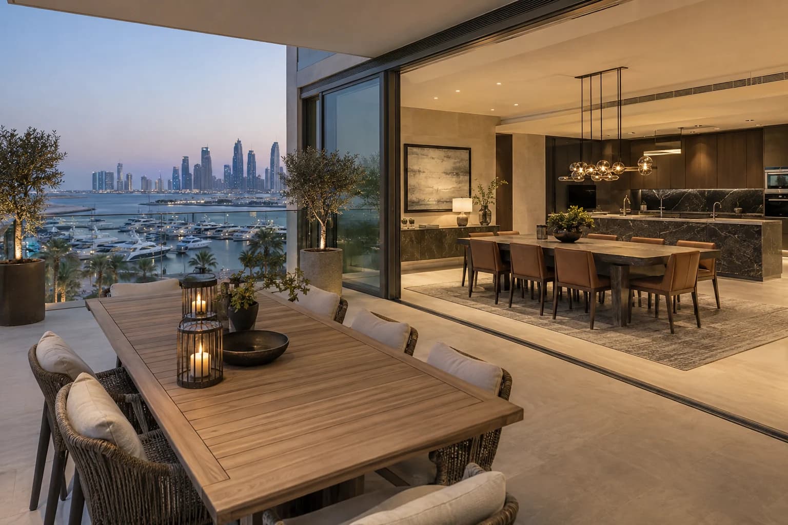 AI-generated illustration: Penthouse terrace beside a formal dining room and chef kitchen with yacht views