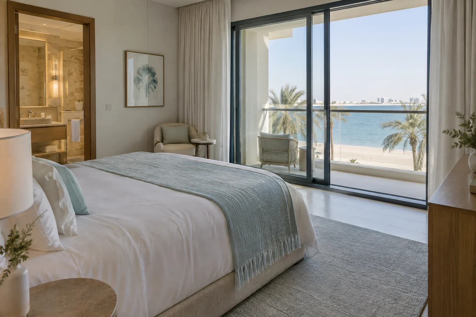 AI-generated illustration: Palm king bedroom with a stone bathroom and a balcony facing the beach and sea