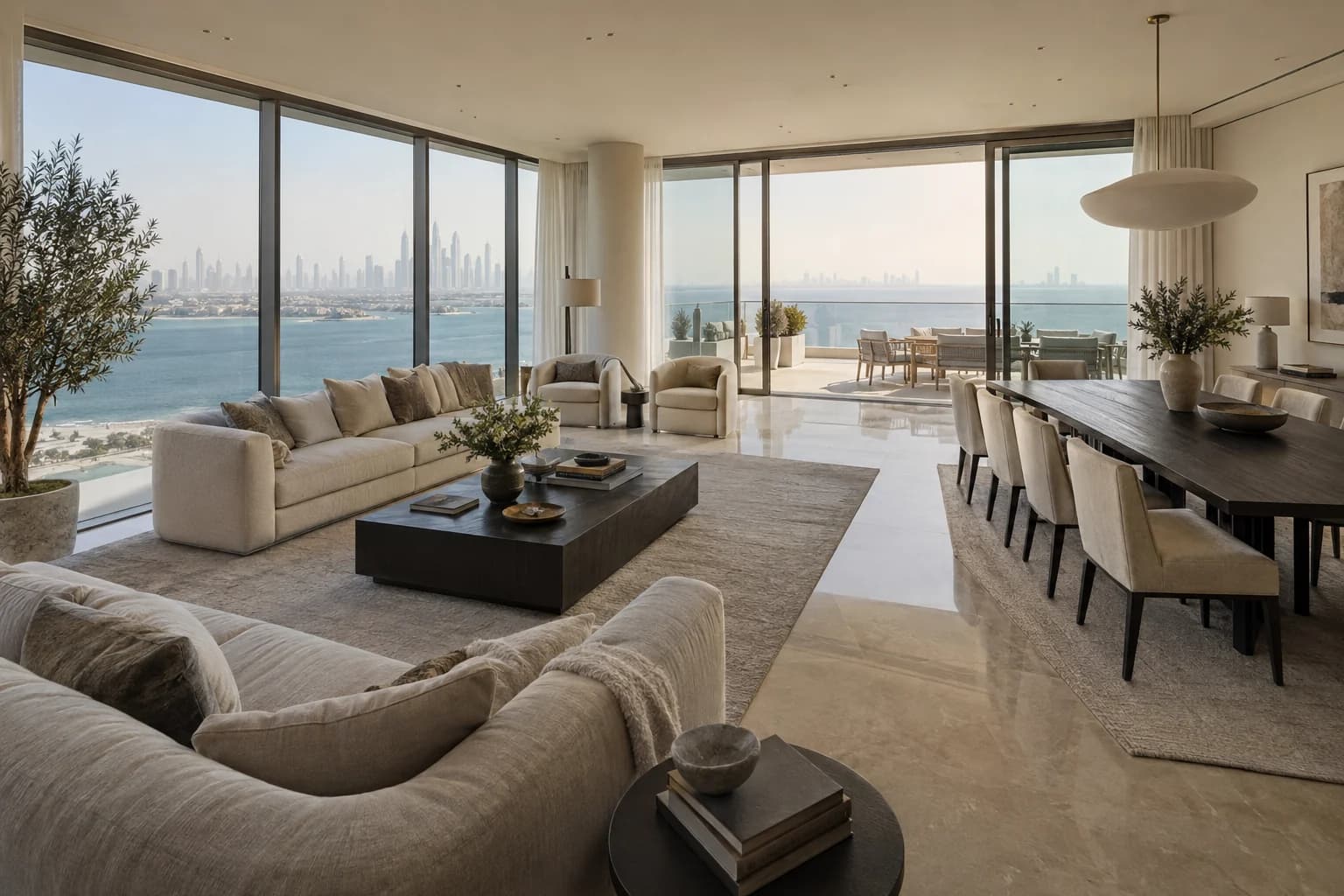 AI-generated illustration: Formal penthouse living and dining rooms opening onto a large sea-view terrace
