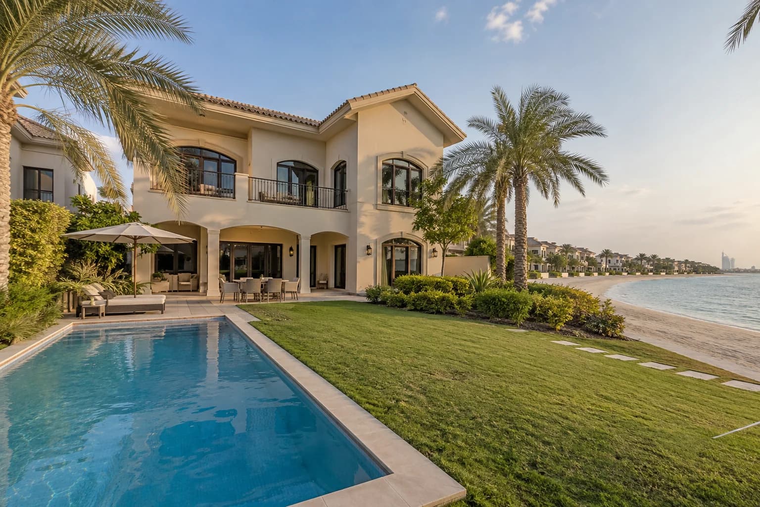 AI-generated illustration: Palm frond villa with a private pool, lawn and path to the beach