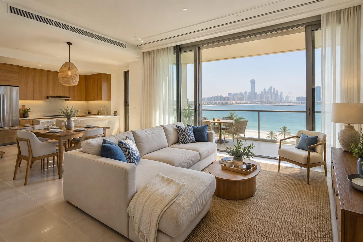 AI-generated illustration: Family living room and open kitchen with a broad sea-facing balcony on the Palm