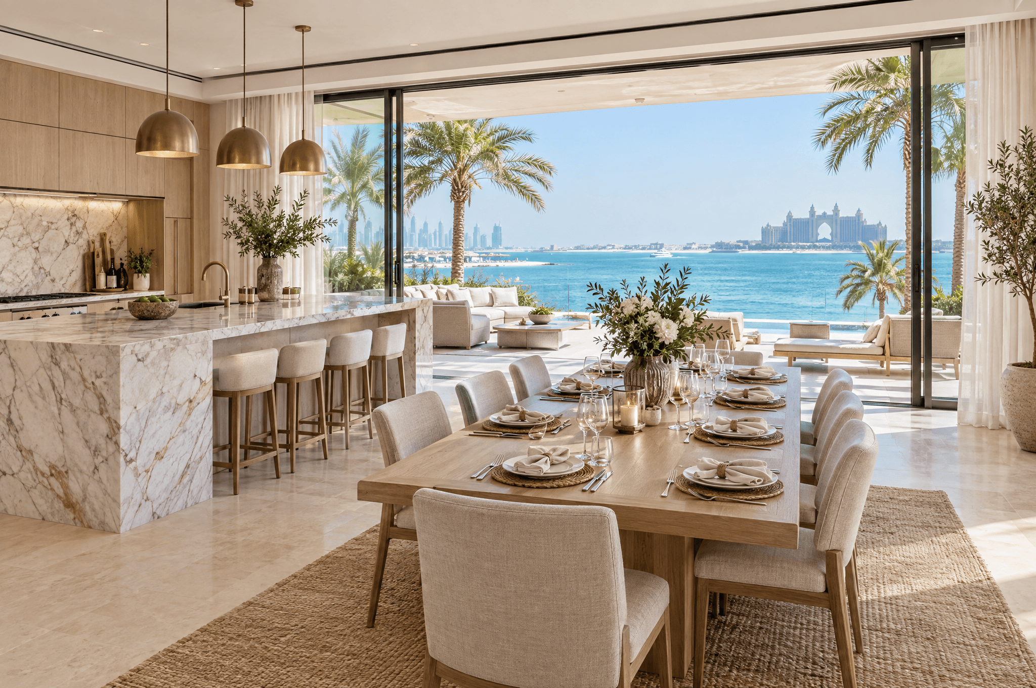 Beachfront villa kitchen and dining table opening onto a terrace and the sea