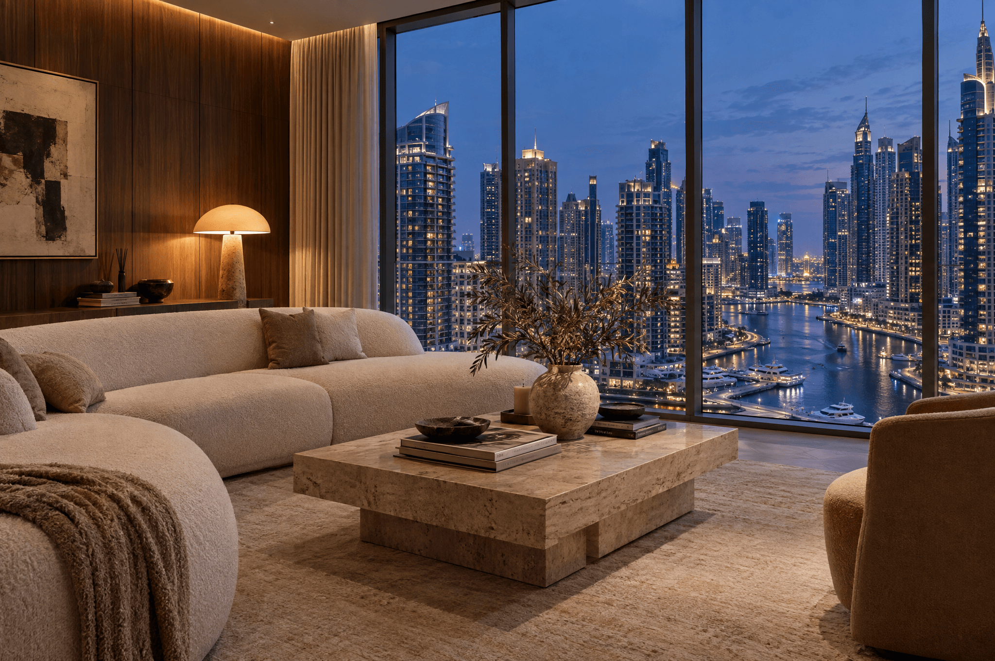 Penthouse living room at blue hour with floor-to-ceiling windows over Dubai Marina