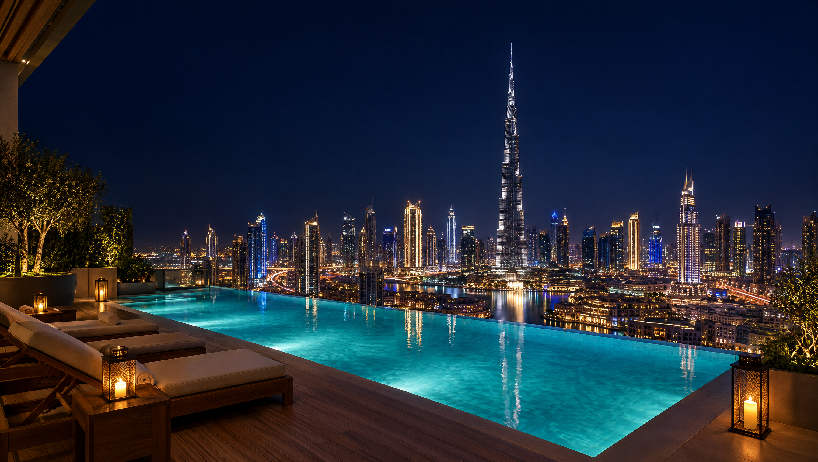 Rooftop terrace pool at night facing the illuminated Downtown Dubai skyline