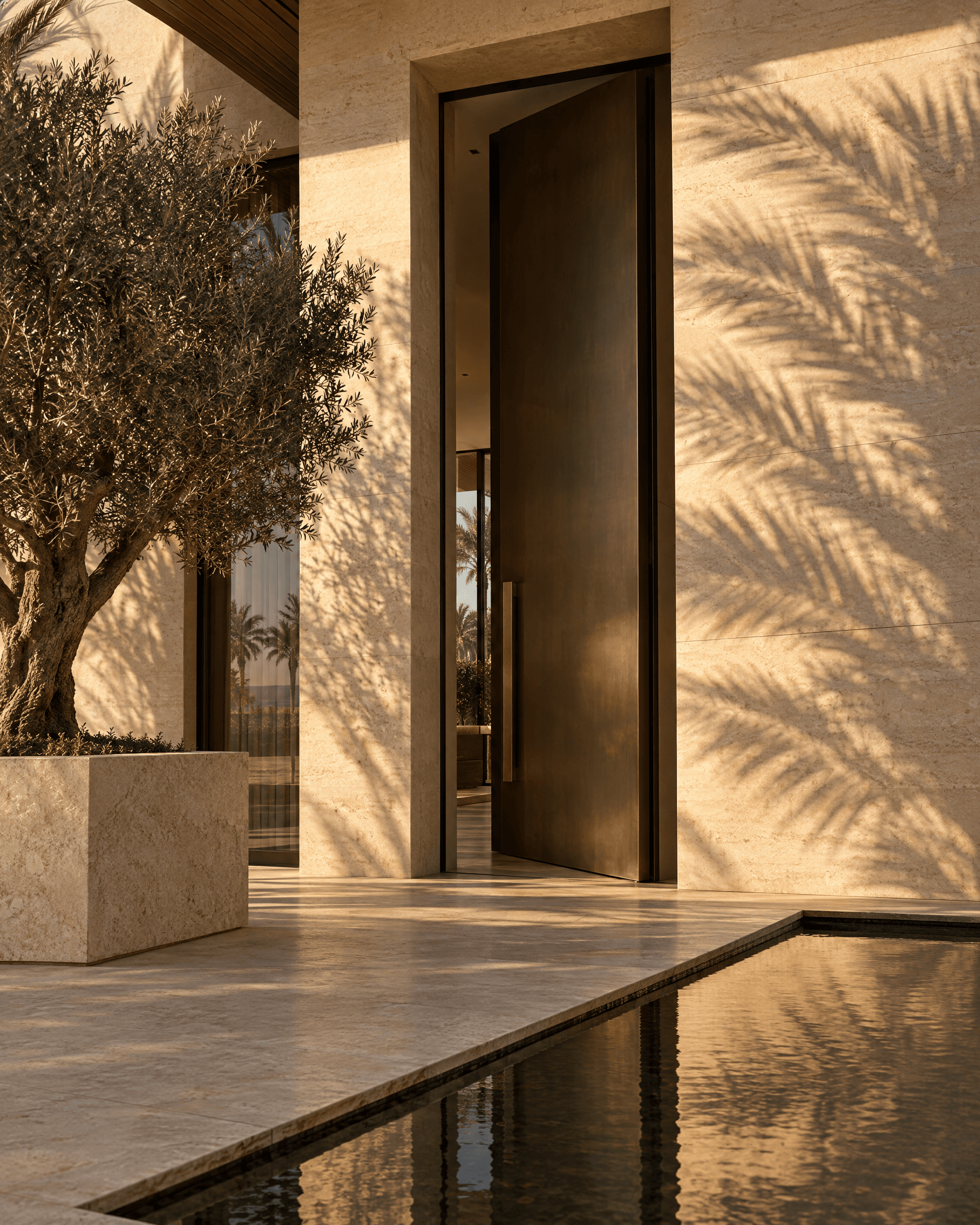 Limestone villa entrance with a bronze pivot door and palm shadows