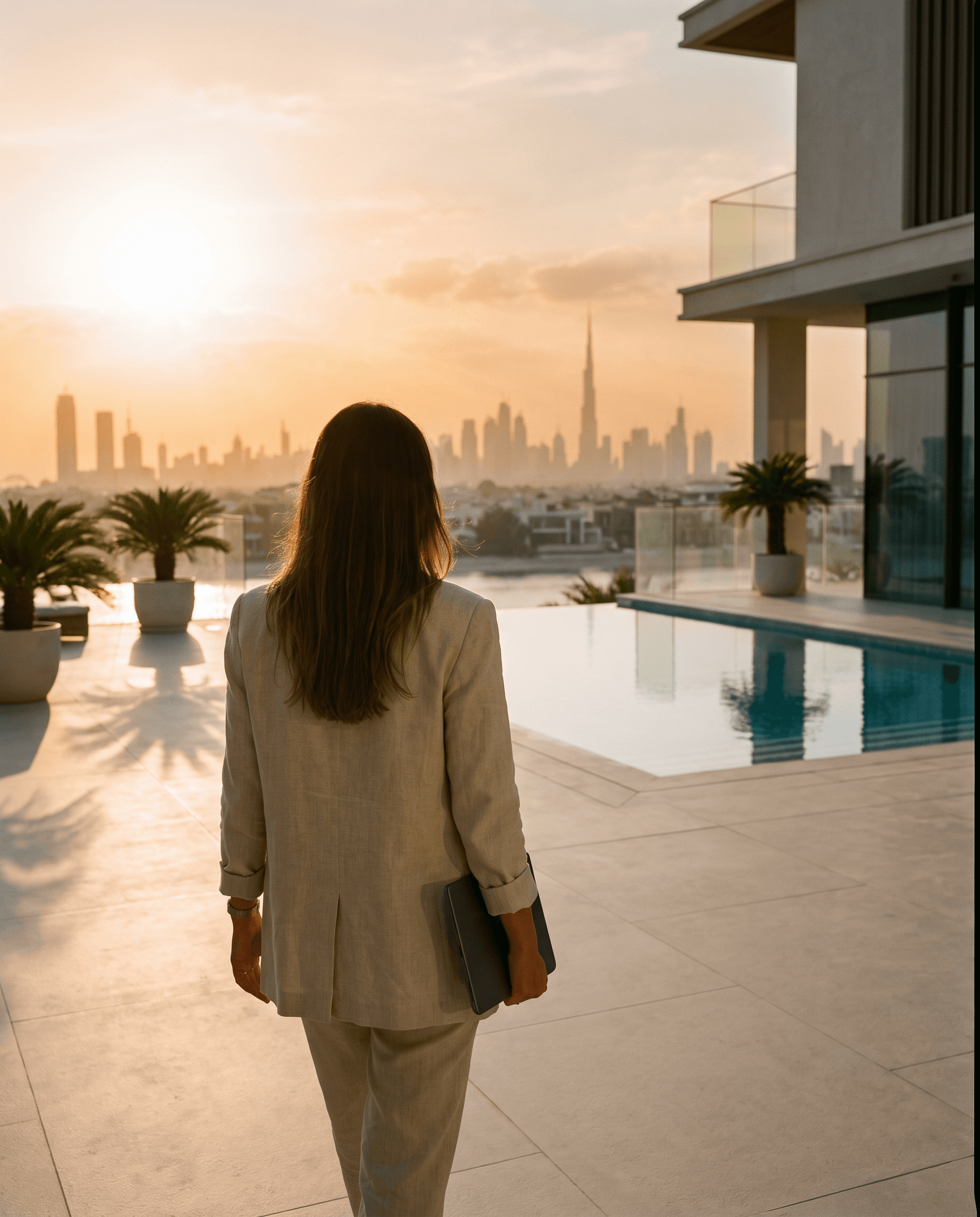 Property manager seen from behind, crossing the sunlit terrace of a Dubai villa towards the pool with a tablet